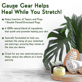Gauge Gear ingredient bottle arrangement highlighting natural oils and calming benefits