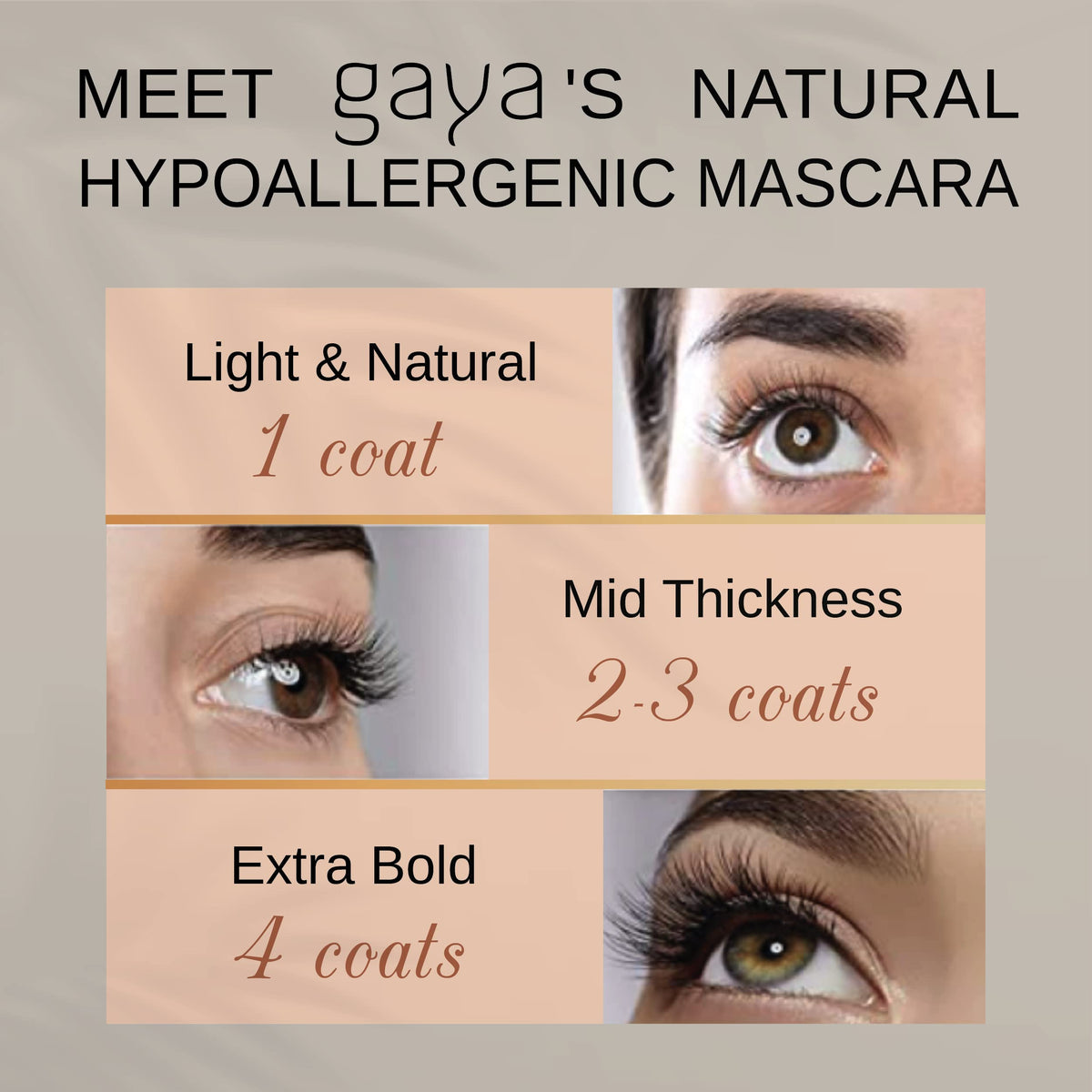 Gaya Cosmetics mascara wand closeup displays curved silicone brush for clump-free coating benefit