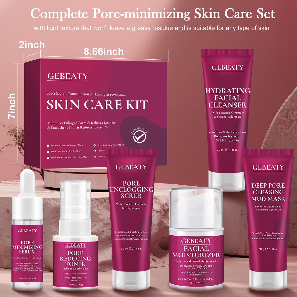 GEBEATY travel friendly set beside a ruler showing compact size for trips