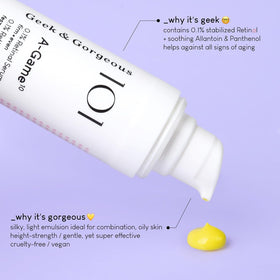 Geek & Gorgeous label and ingredient panel highlighting retinal and soothing agents