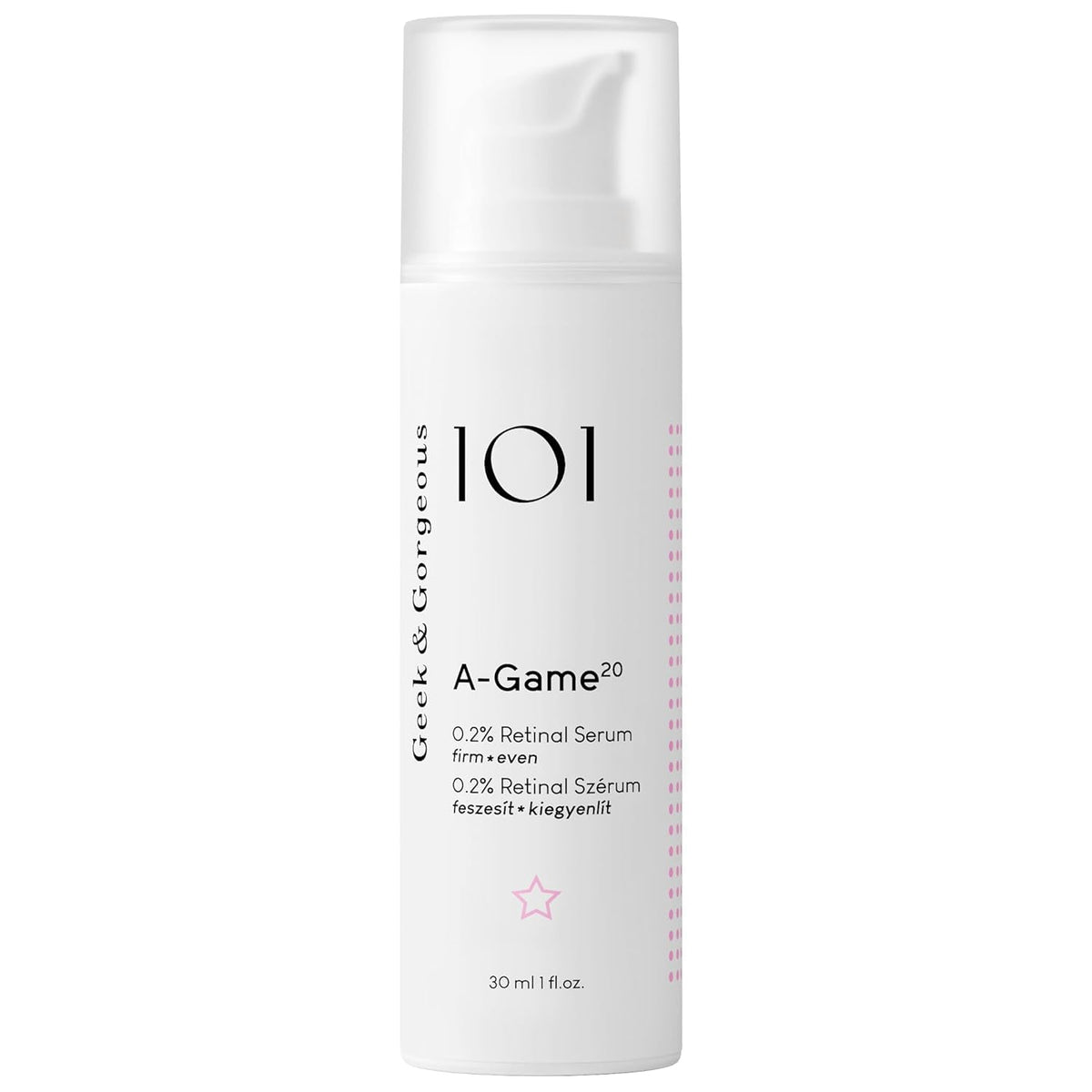 Geek & Gorgeous A-Game 20 front bottle showing sleek packaging and potency benefits