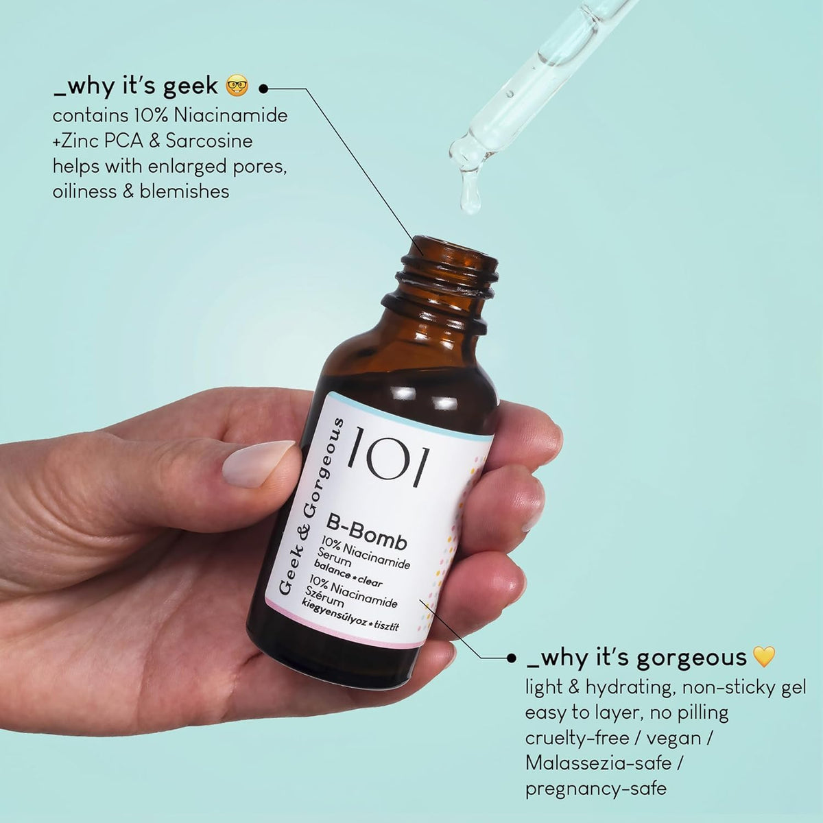Geek & Gorgeous serum texture on skin showing lightweight, non-greasy finish