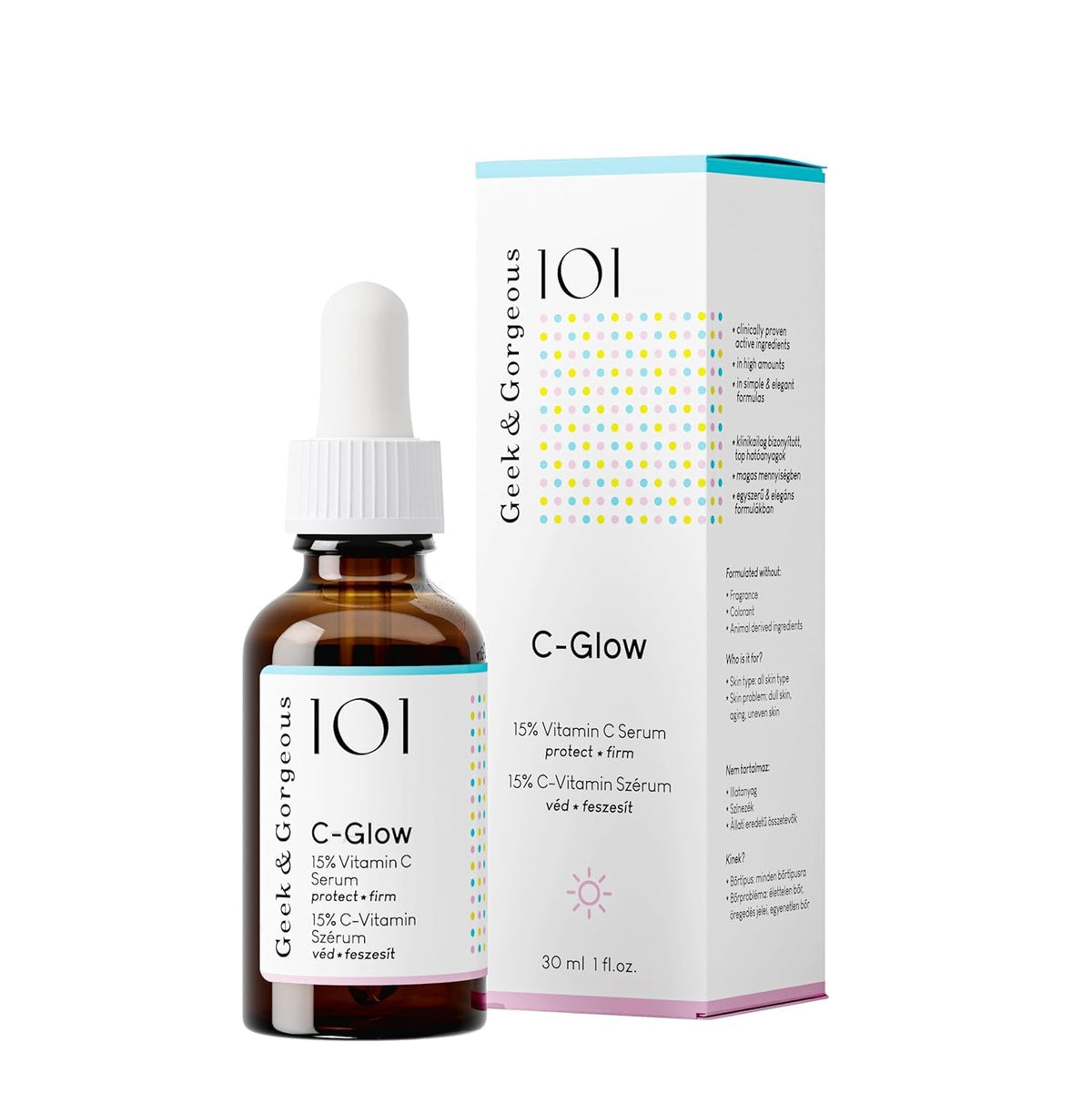 Geek & Gorgeous C-Glow serum drop on finger highlighting lightweight absorbency