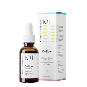 Geek & Gorgeous C-Glow serum drop on finger highlighting lightweight absorbency