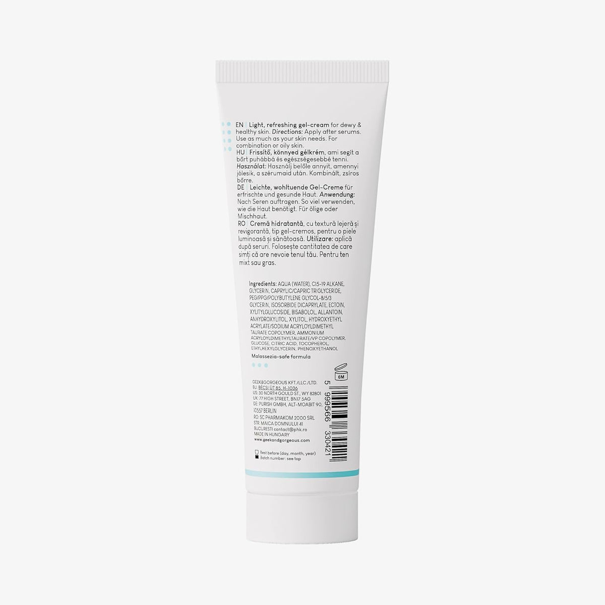 Geek & Gorgeous close-up ingredient label showing glycerin and ectoin for barrier support