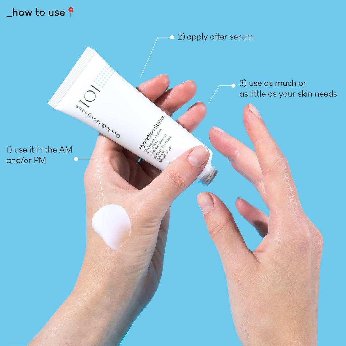 Geek & Gorgeous dispensing product onto fingertip demonstrating easy application and non-greasy finish