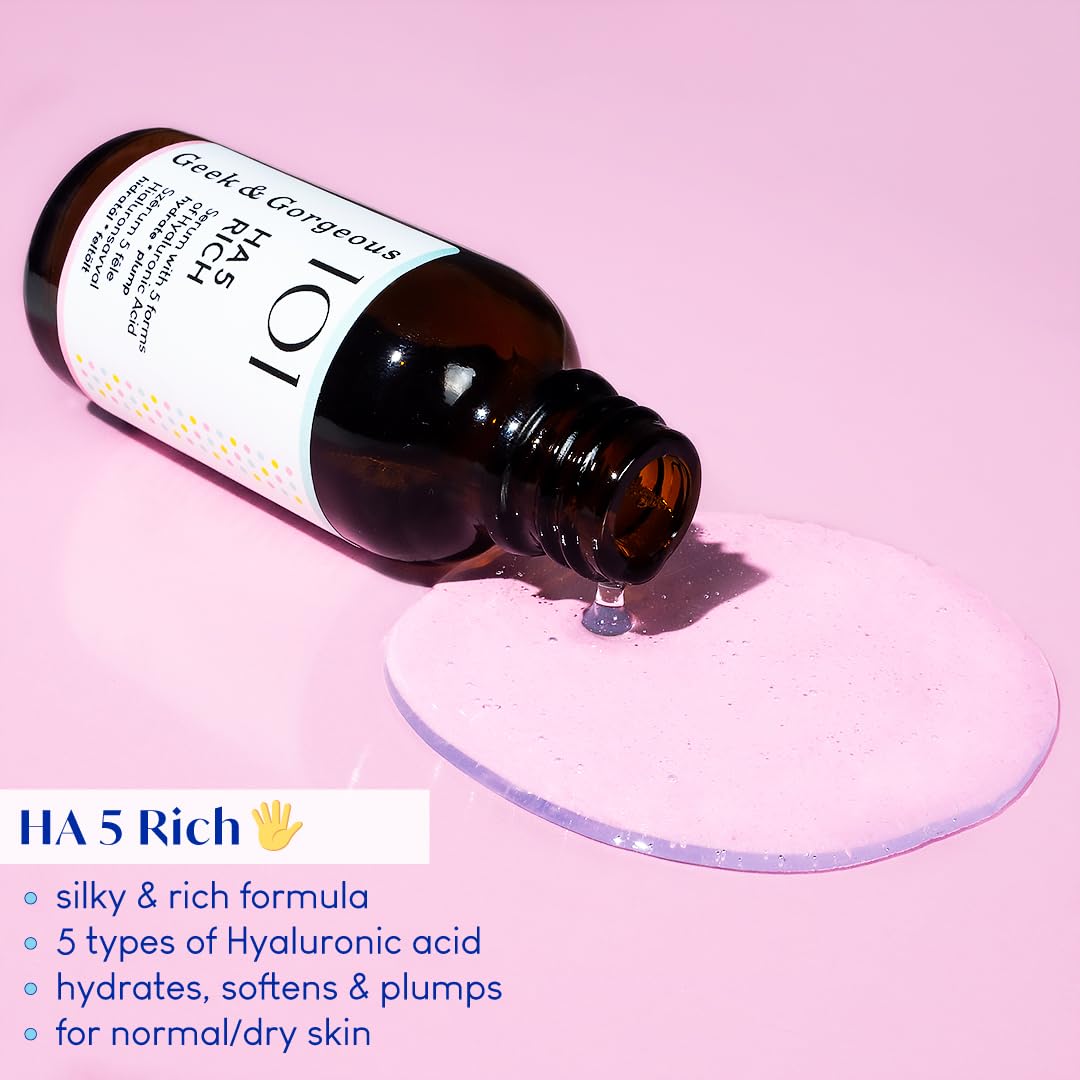 Geek & Gorgeous ingredient label detail highlighting five hyaluronic acids