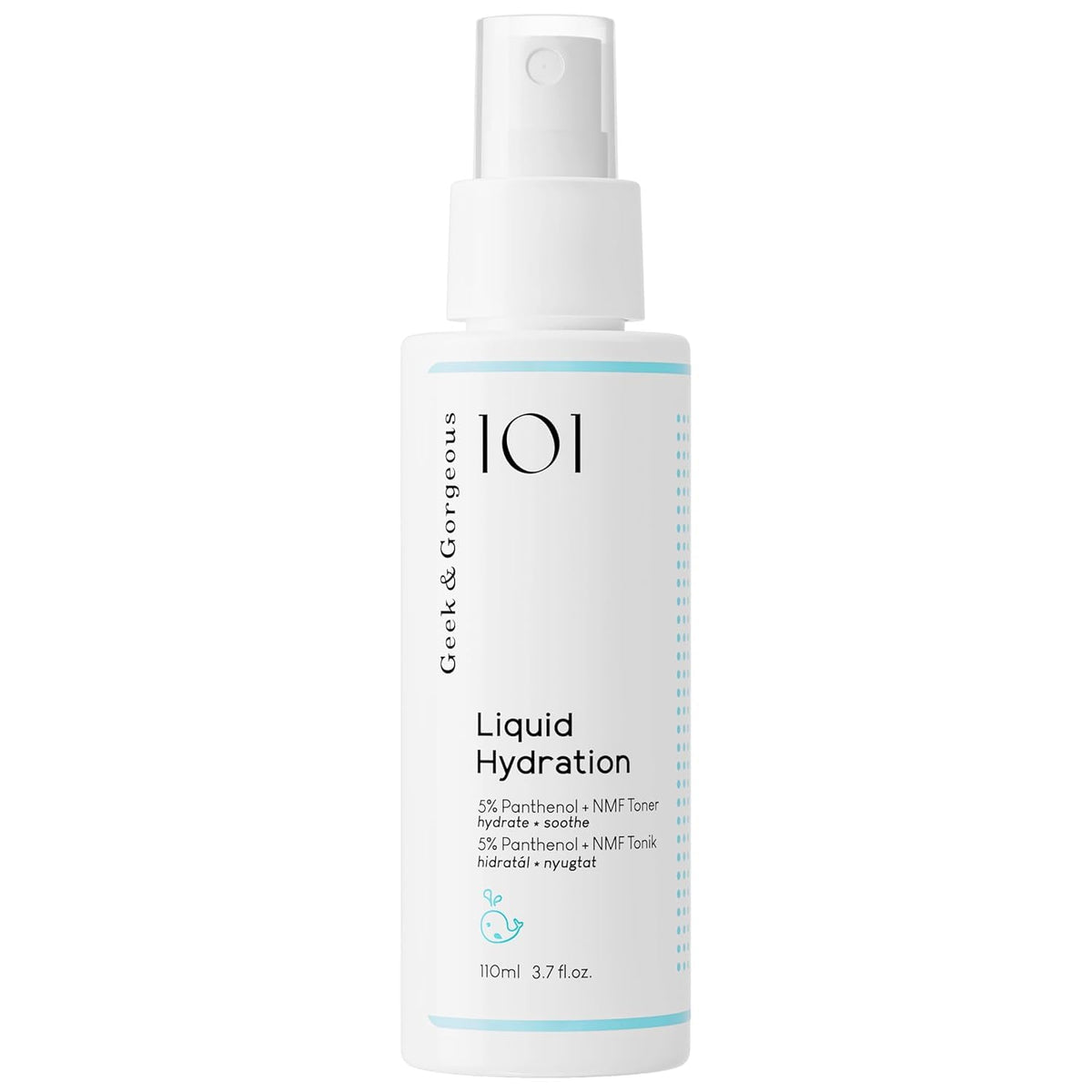 Geek & Gorgeous front bottle showing minimalist design and hydrating benefits