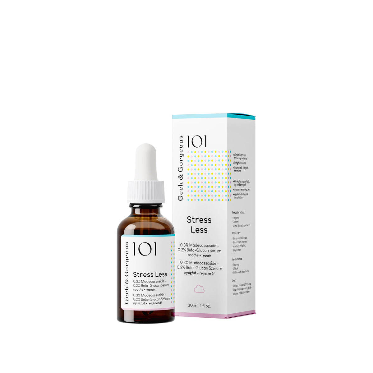 Geek & Gorgeous front bottle showing serum and calming benefits