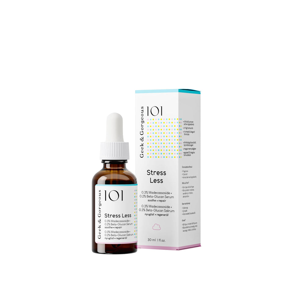 Geek & Gorgeous front bottle showing serum and calming benefits