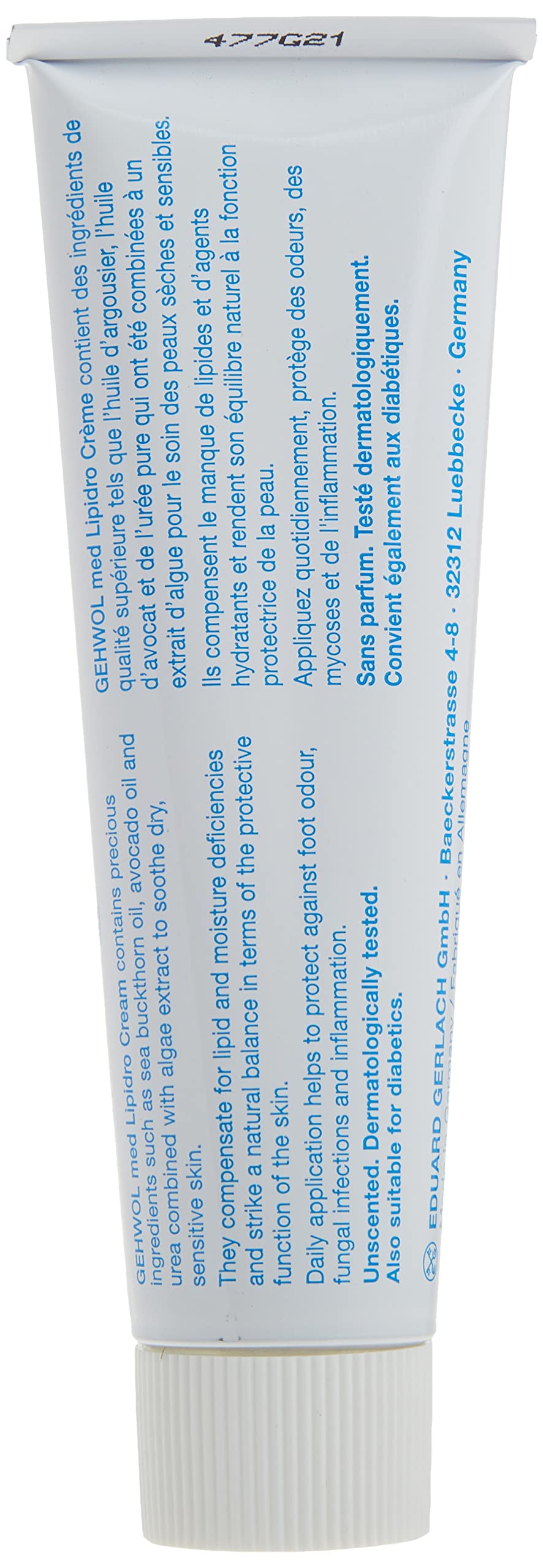 GEHWOL Lipidro Cream held in hand to show 2.6 fl oz scale and easy application