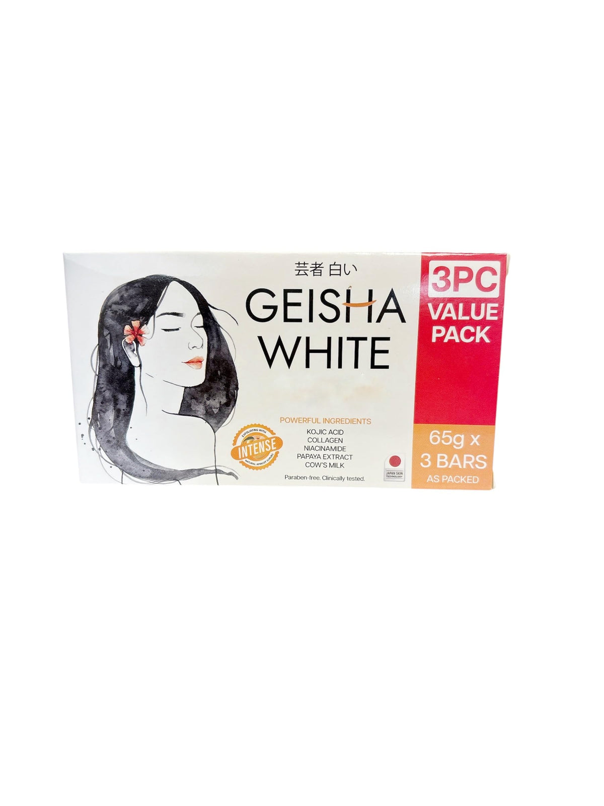 Geisha White front packaging showing three 65g cleansing bars for deep cleansing