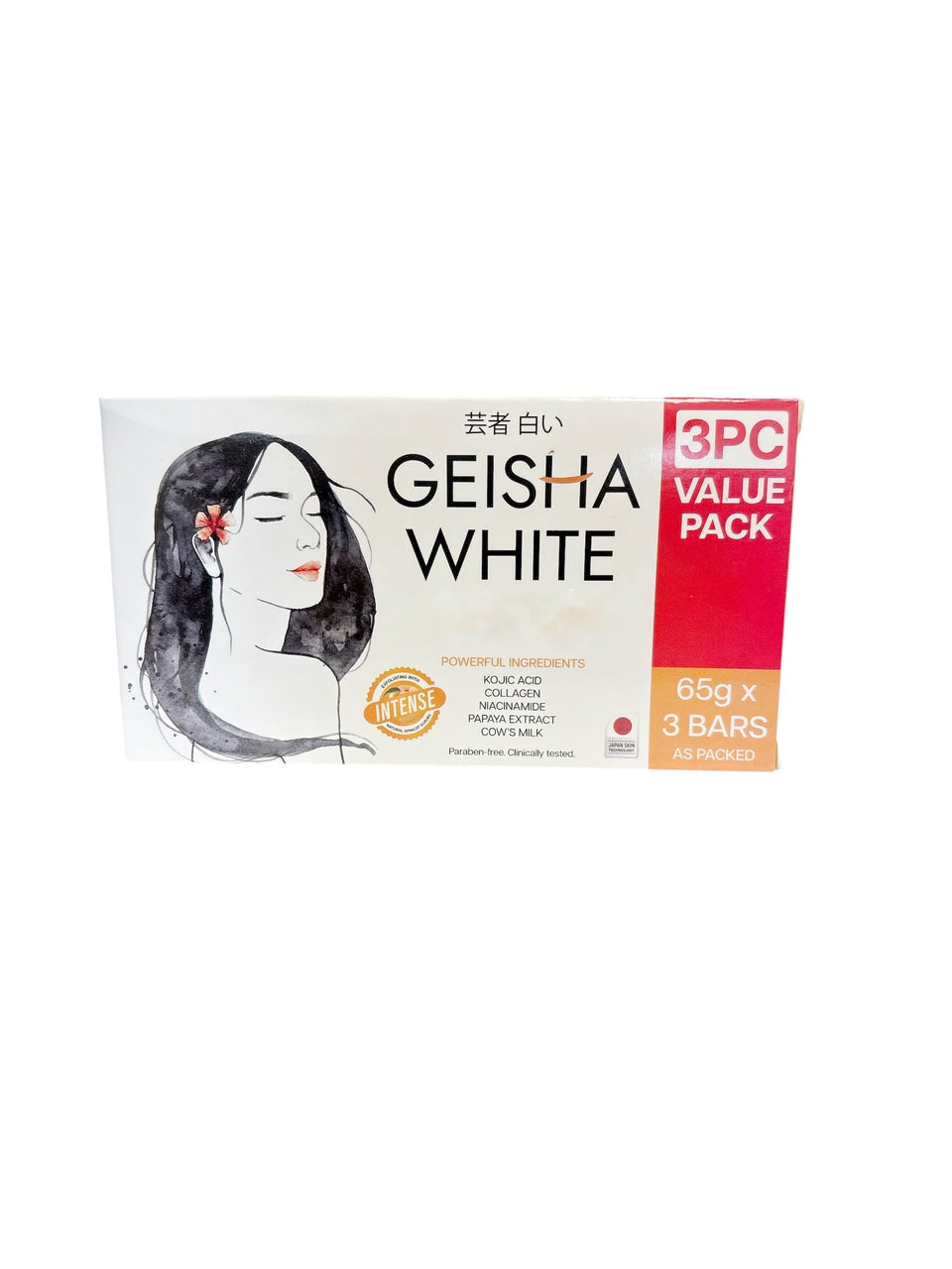 Geisha White front packaging showing three 65g cleansing bars for deep cleansing