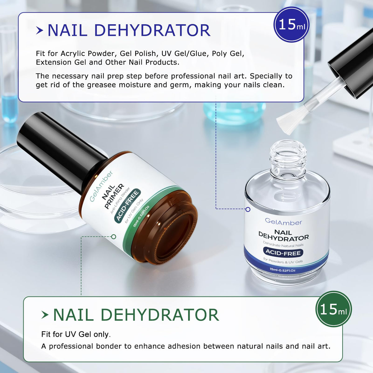 GELAMBER bottle close-up label highlighting product names and acid-free formulation benefits