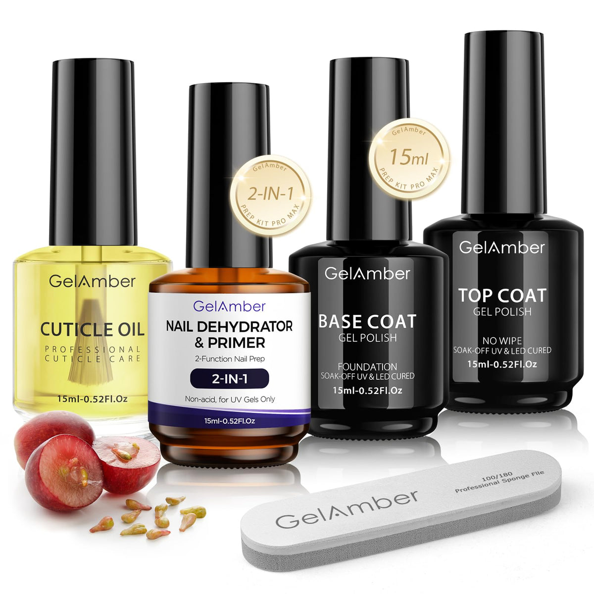 GELAMBER front packaging set showing all four 15ml bottles and nail file for full manicure kit