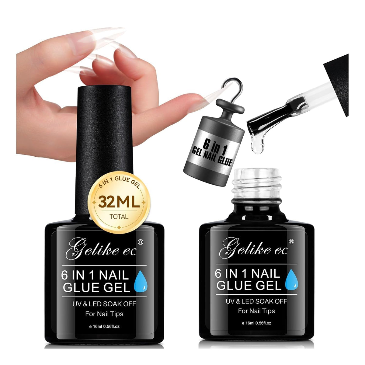 gelike ec front bottle showing 32ML label and clear adhesive benefits