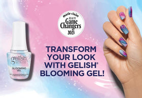 Hand holding Gelish Blooming Gel 15mL bottle to show true size and travel-friendly benefit