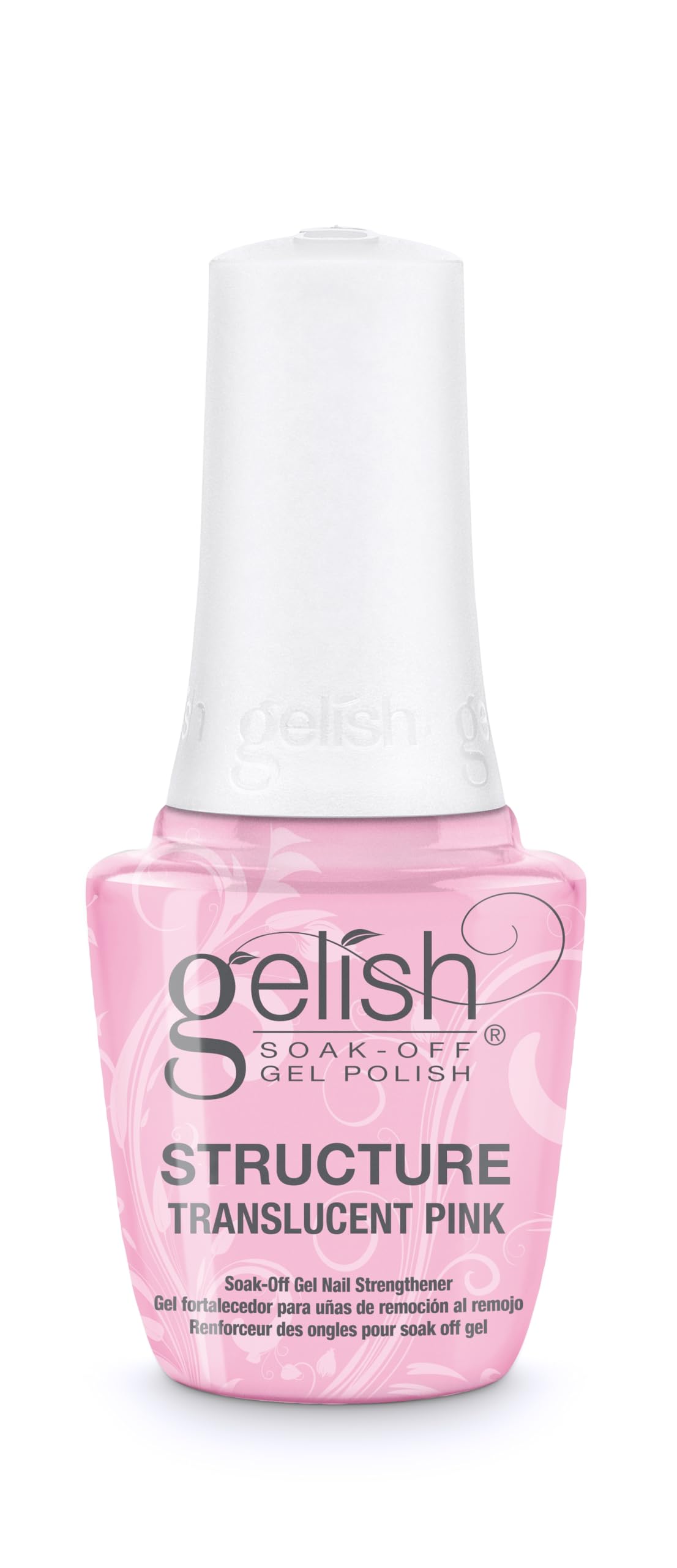 Gelish front label showing translucent pink bottle and clear product benefits