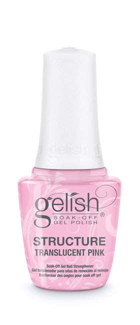 Gelish front label showing translucent pink bottle and clear product benefits