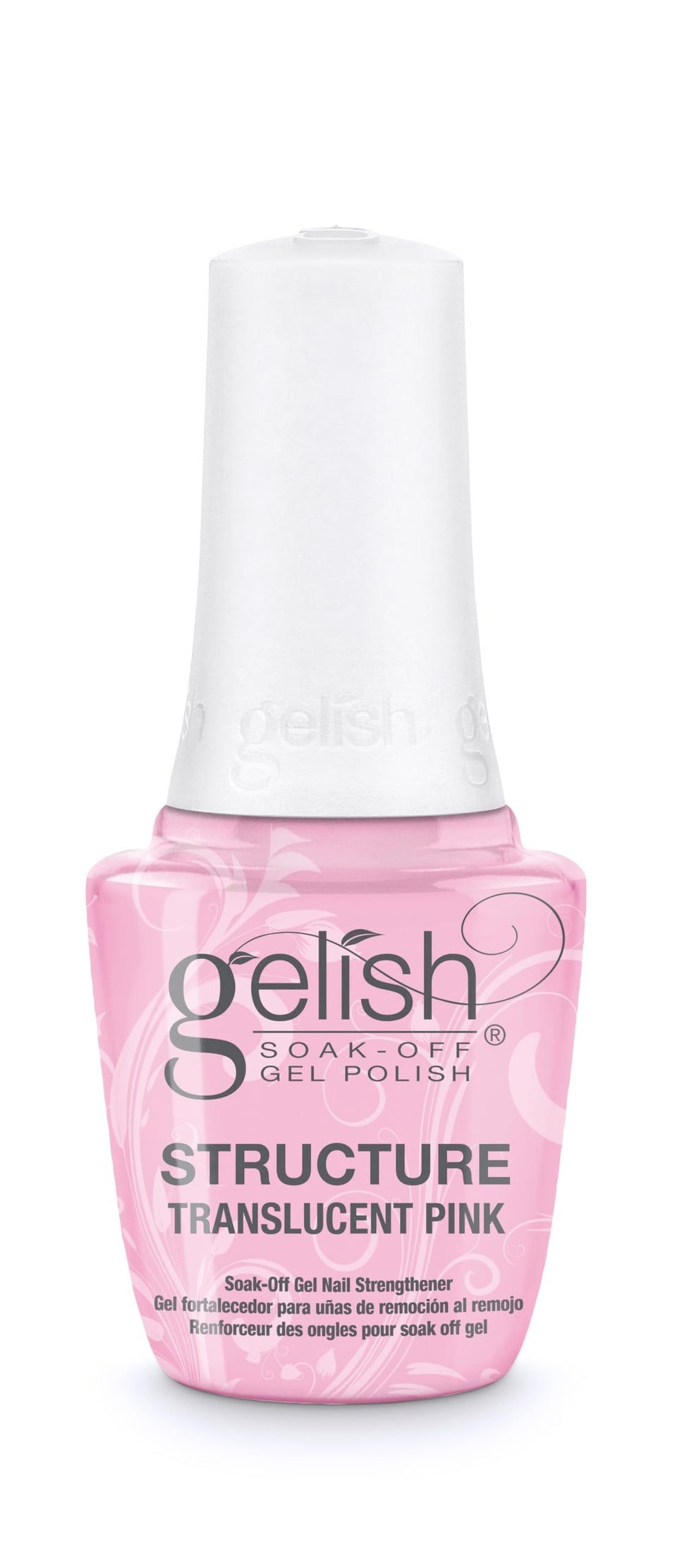Gelish front label showing translucent pink bottle and clear product benefits