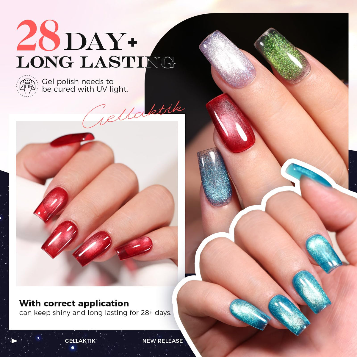 GELLAKTIK cat eye effect on a single nail tip showing reflective line