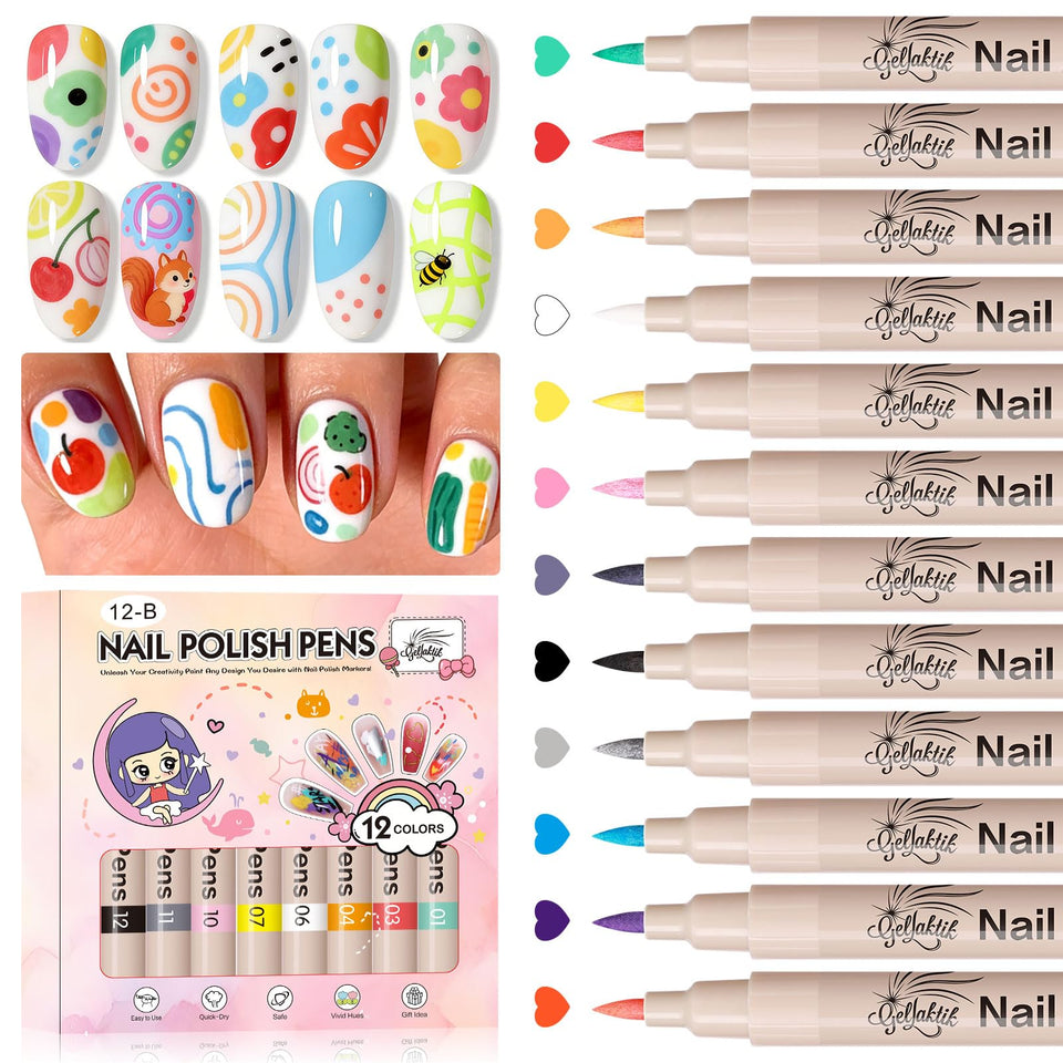 GELLAKTIK front packaging showing all 12 nail art pens and benefits