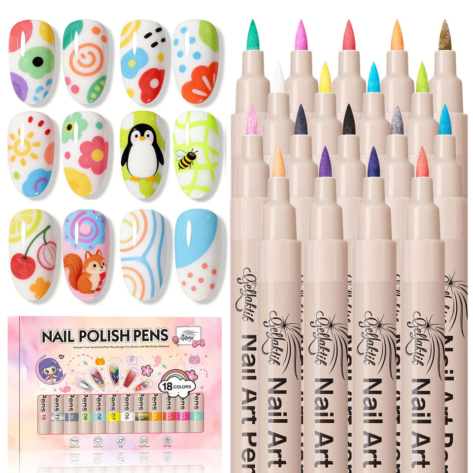 GELLAKTIK front packaging showing 18 colorful nail art pens and case benefit: ready kit