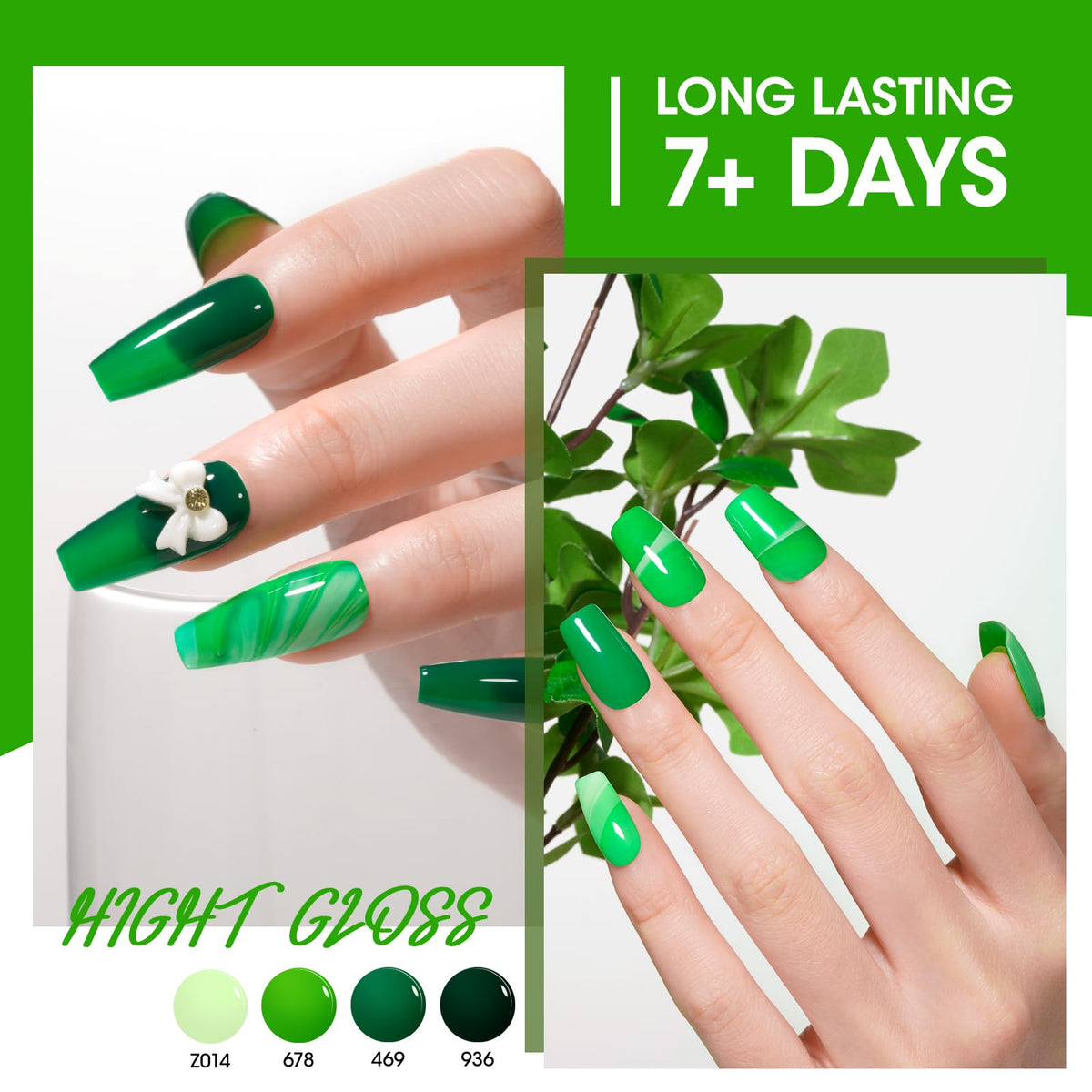 GELLEN nails on fingers painted with mixed green tones for wearable inspiration