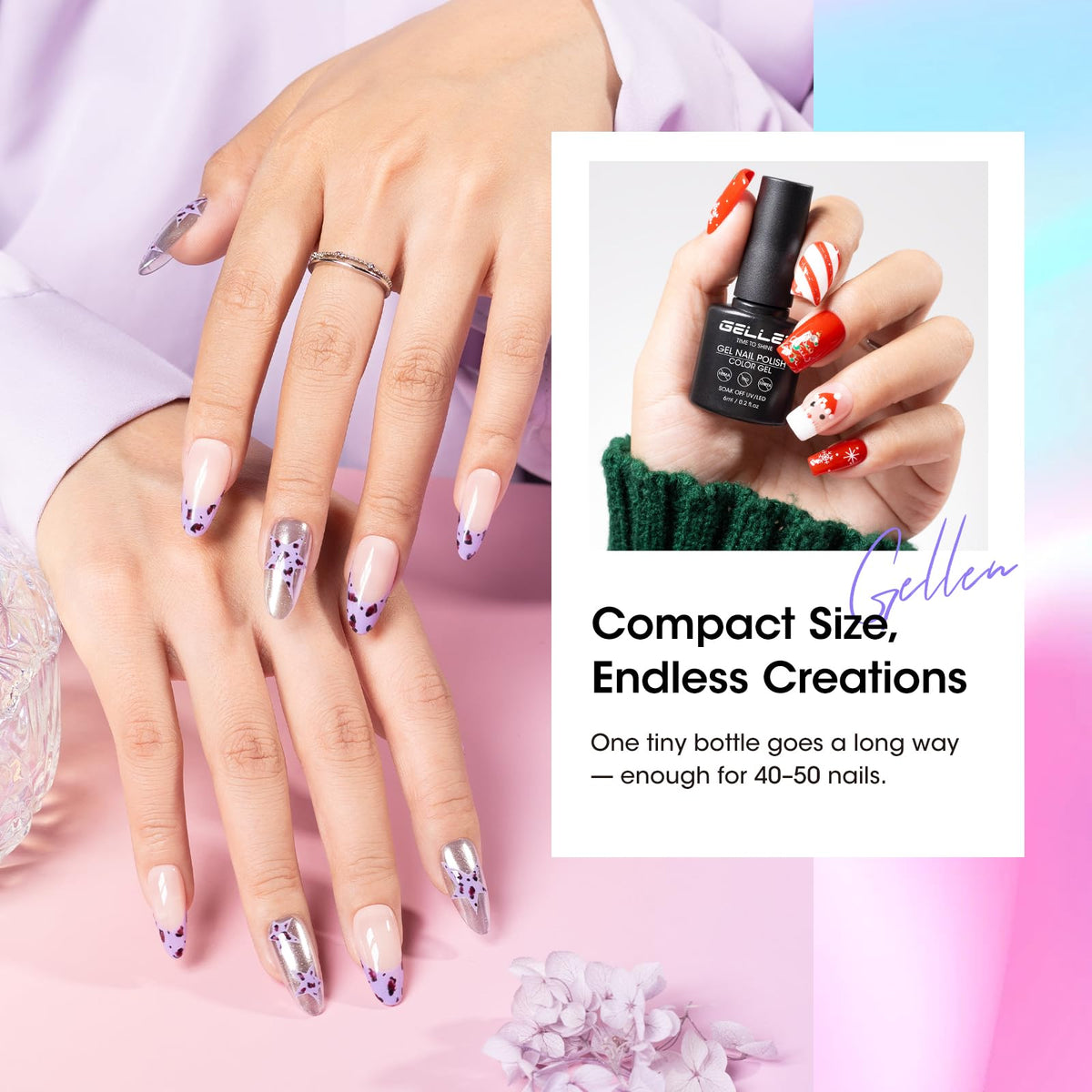 GELLEN base coat and glossy top coat bottles demonstrating strong adhesion and shine