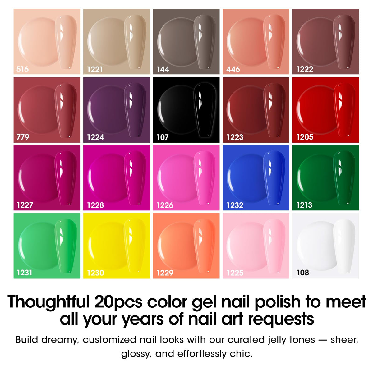 GELLEN color swatch array displaying 20 shades for versatile seasonal manicures