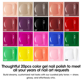 GELLEN color swatch array displaying 20 shades for versatile seasonal manicures