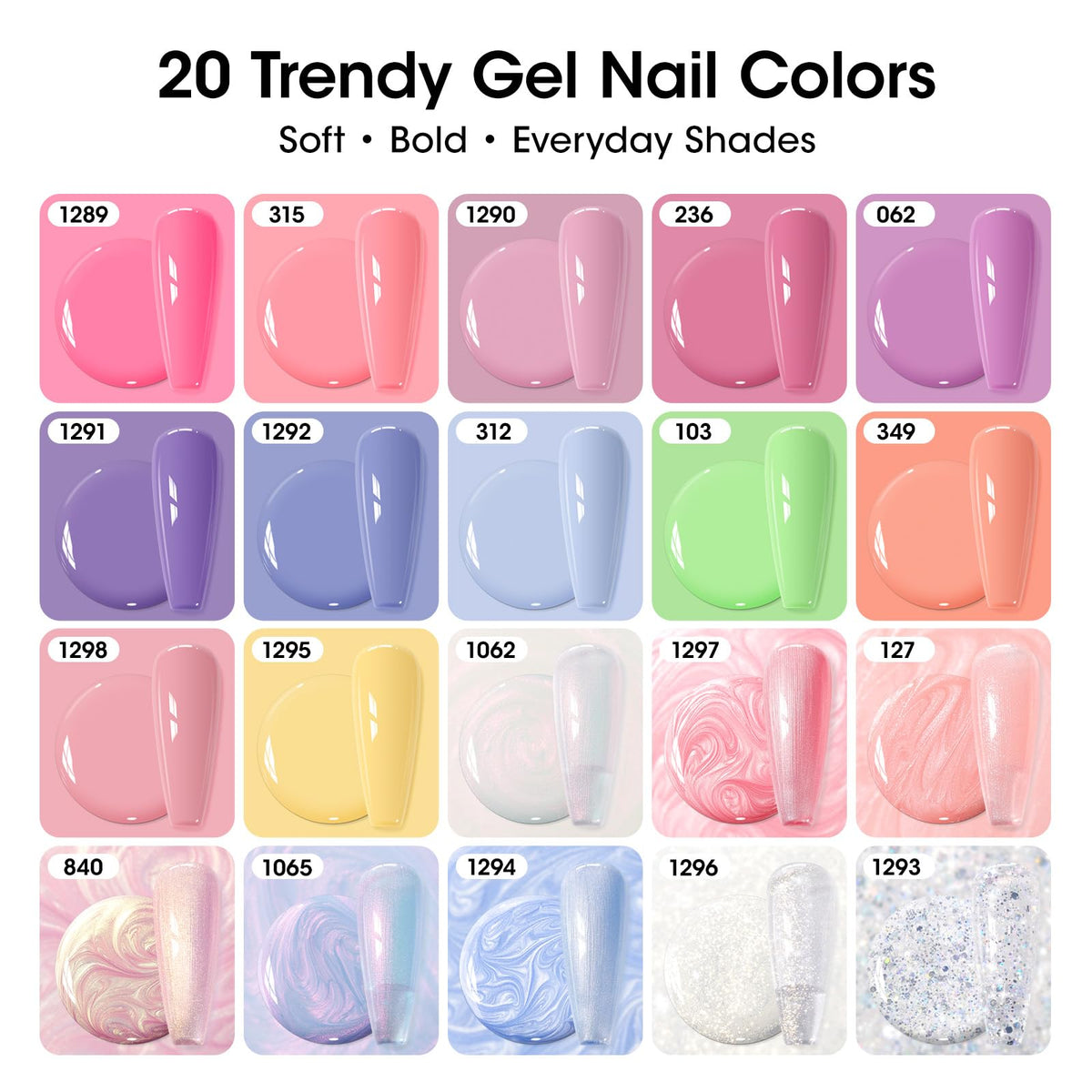 GELLEN color swatch fan displaying 20 pastel shades for easy selection