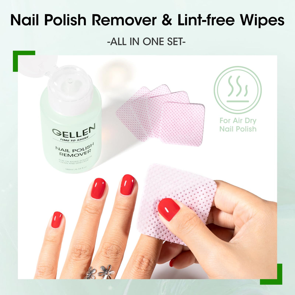 GELLEN hand using wipe to remove polish showing quick cleanup benefit