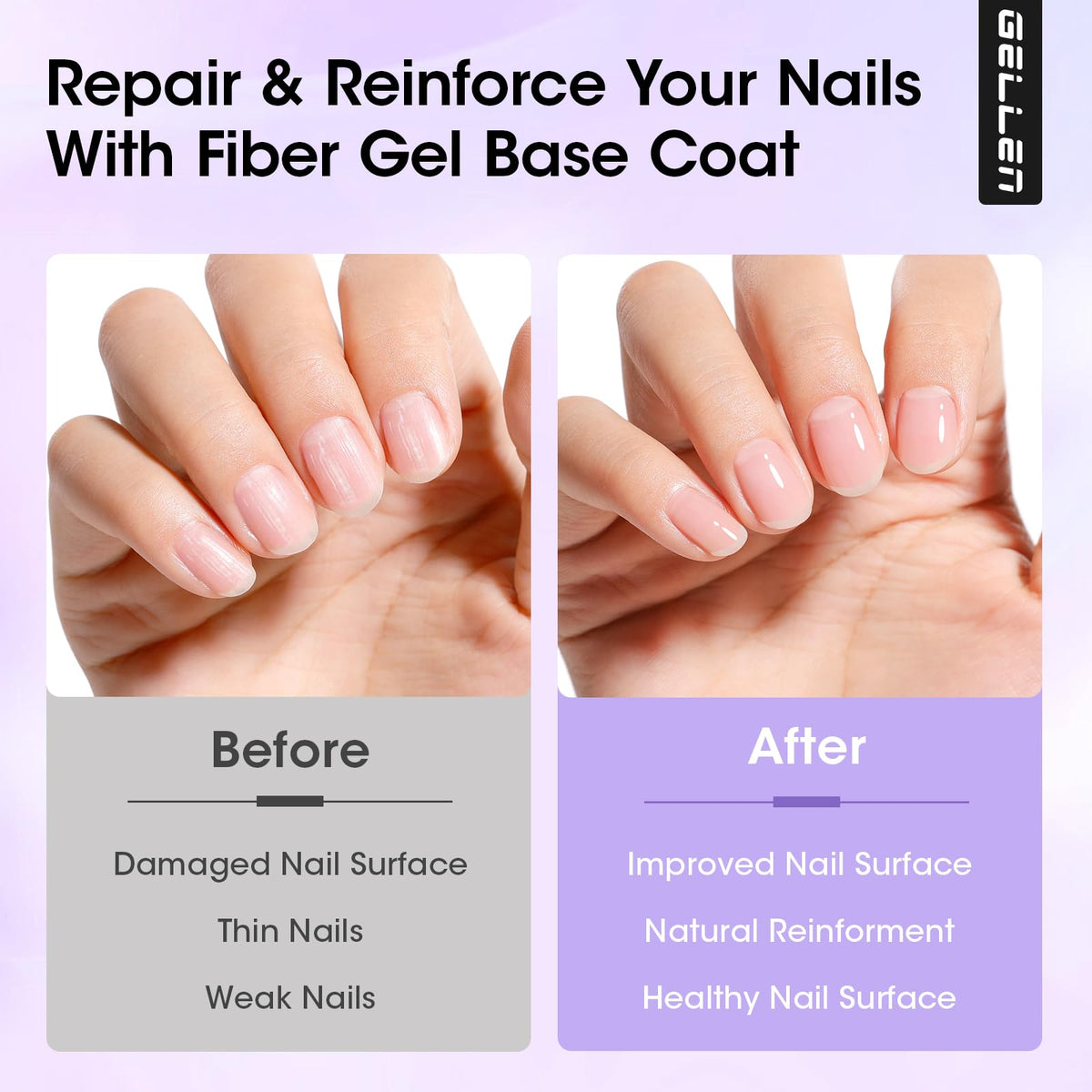 application step with file and brush showing GELLEN fiber gel being applied to thin, damaged nail