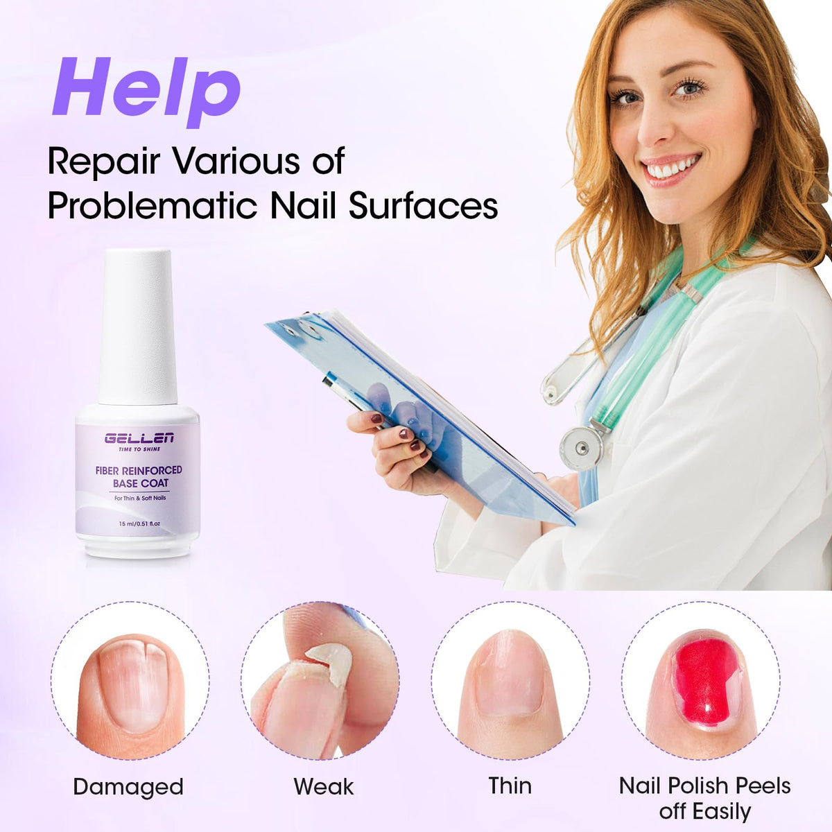 before and after nails using GELLEN fiber gel demonstrating repaired broken nail strength improvement