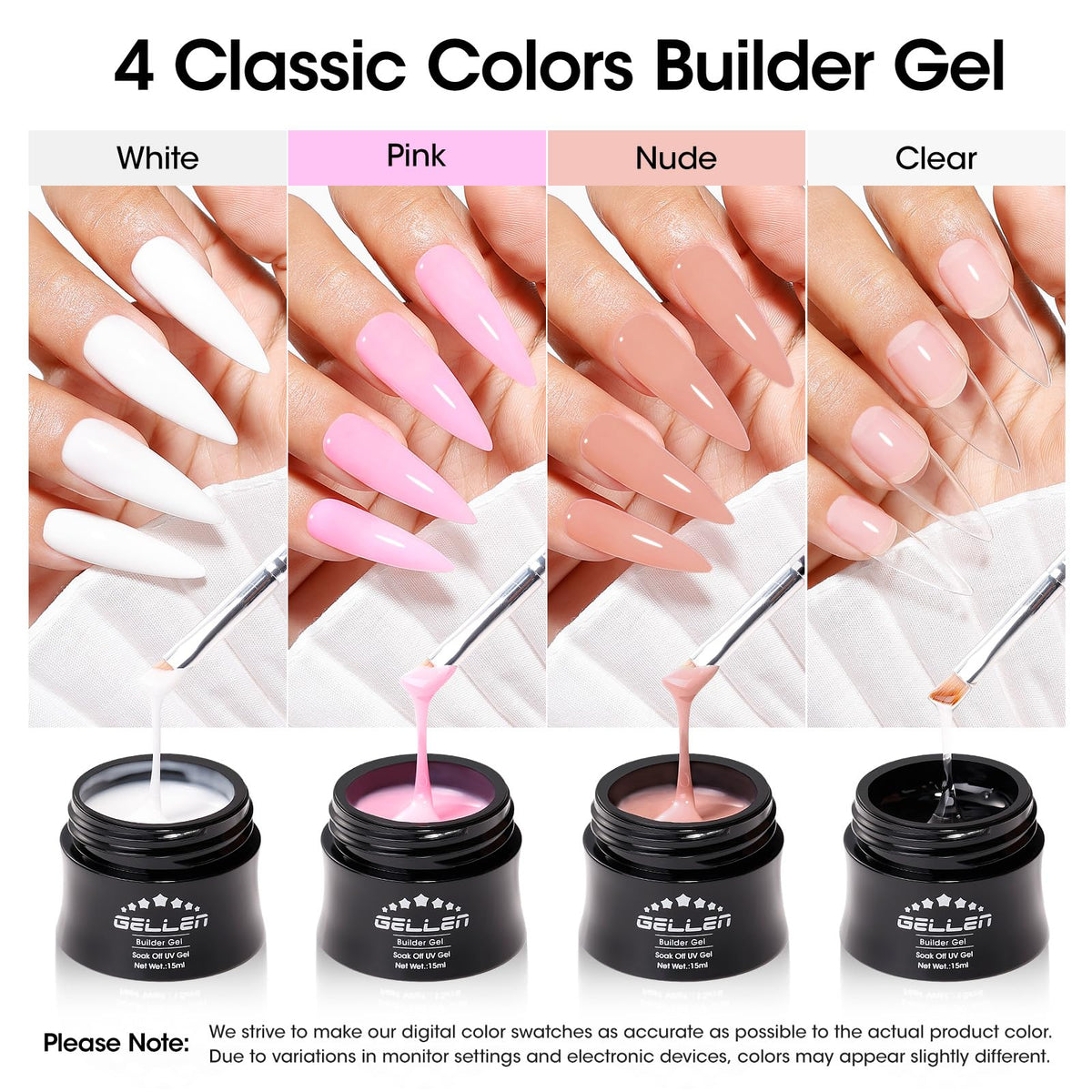 GELLEN four 15ml jars displayed for color selection and convenience