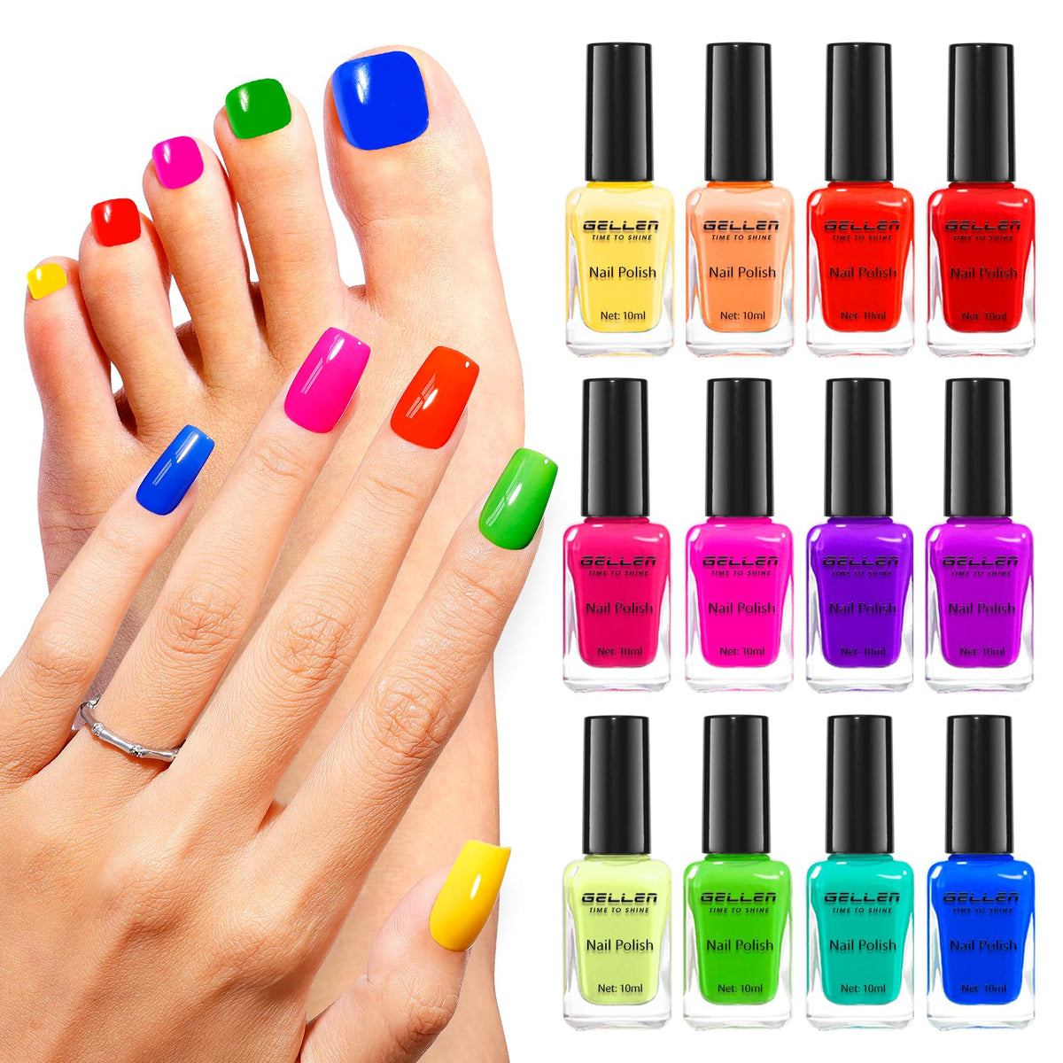 GELLEN front view of 12 neon polish bottles showing vivid colors and variety