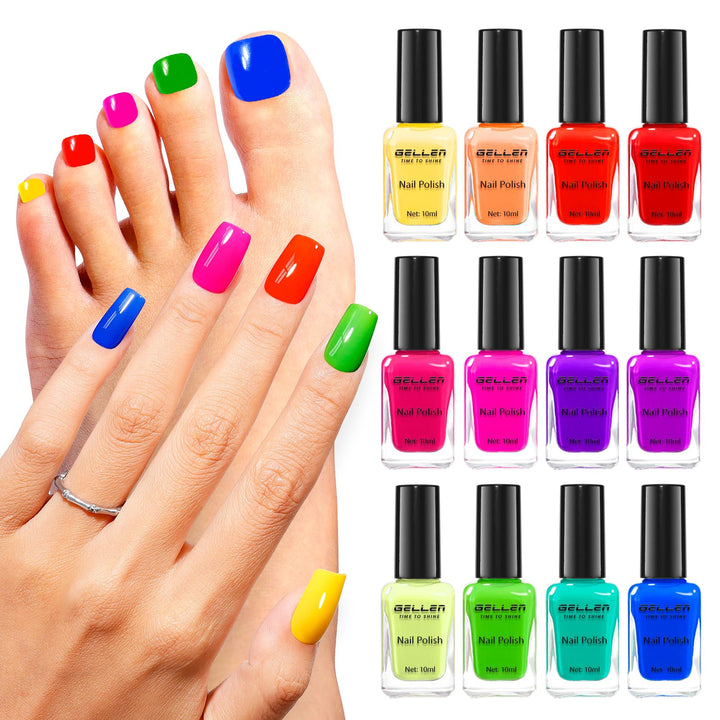 GELLEN front view of 12 neon polish bottles showing vivid colors and variety