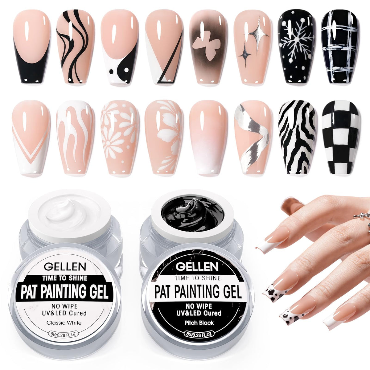 GELLEN front packaging showing black and white 8g gel set, clear professional result