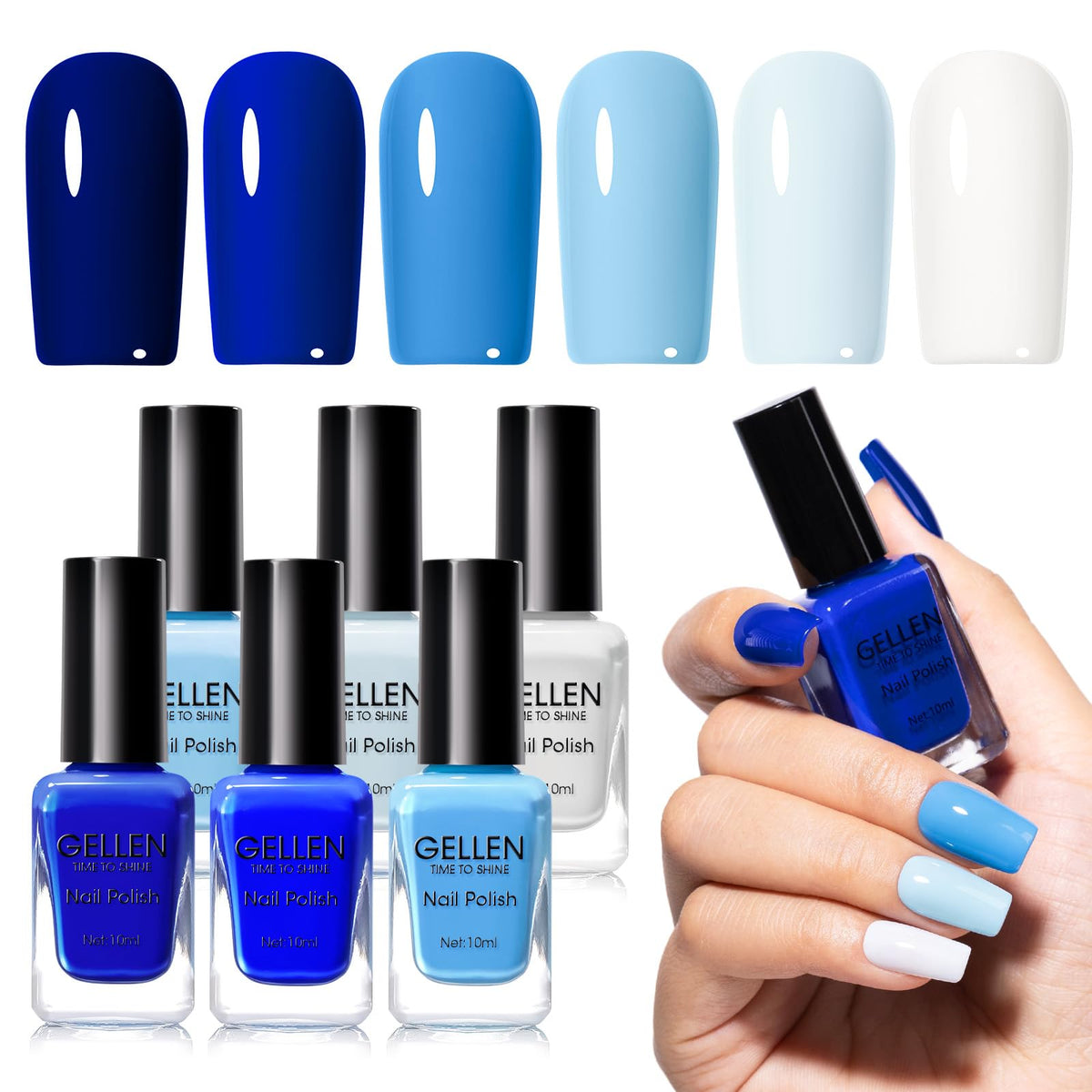GELLEN front packaging showing six blue polishes and organized layout for easy selection