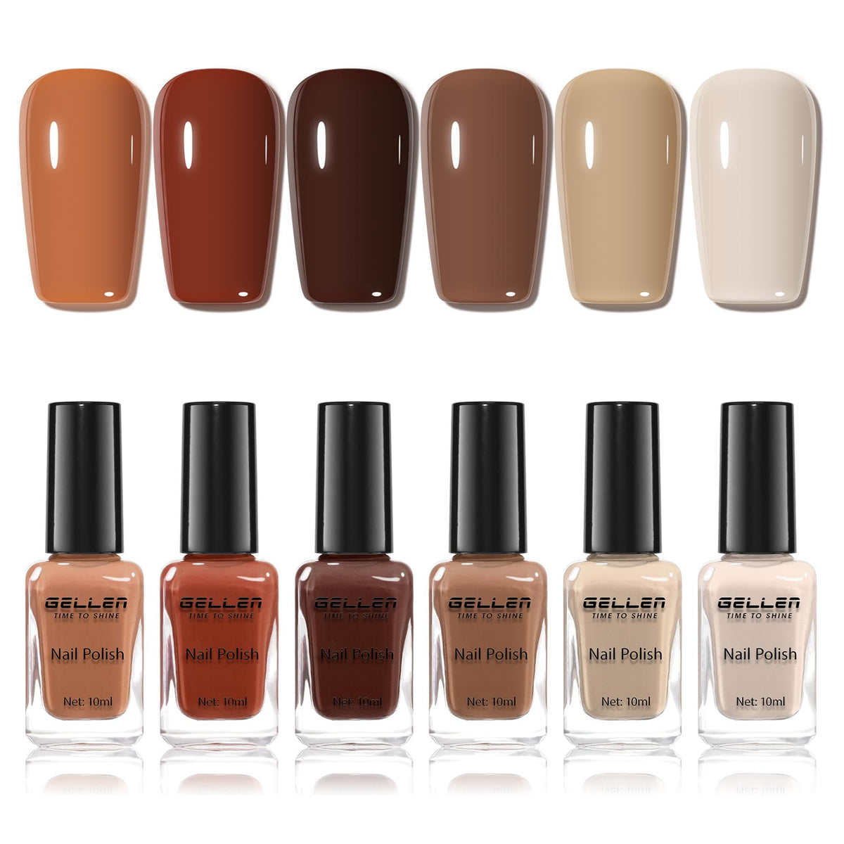 GELLEN front packaging showing six brown polish bottles and gift-ready box