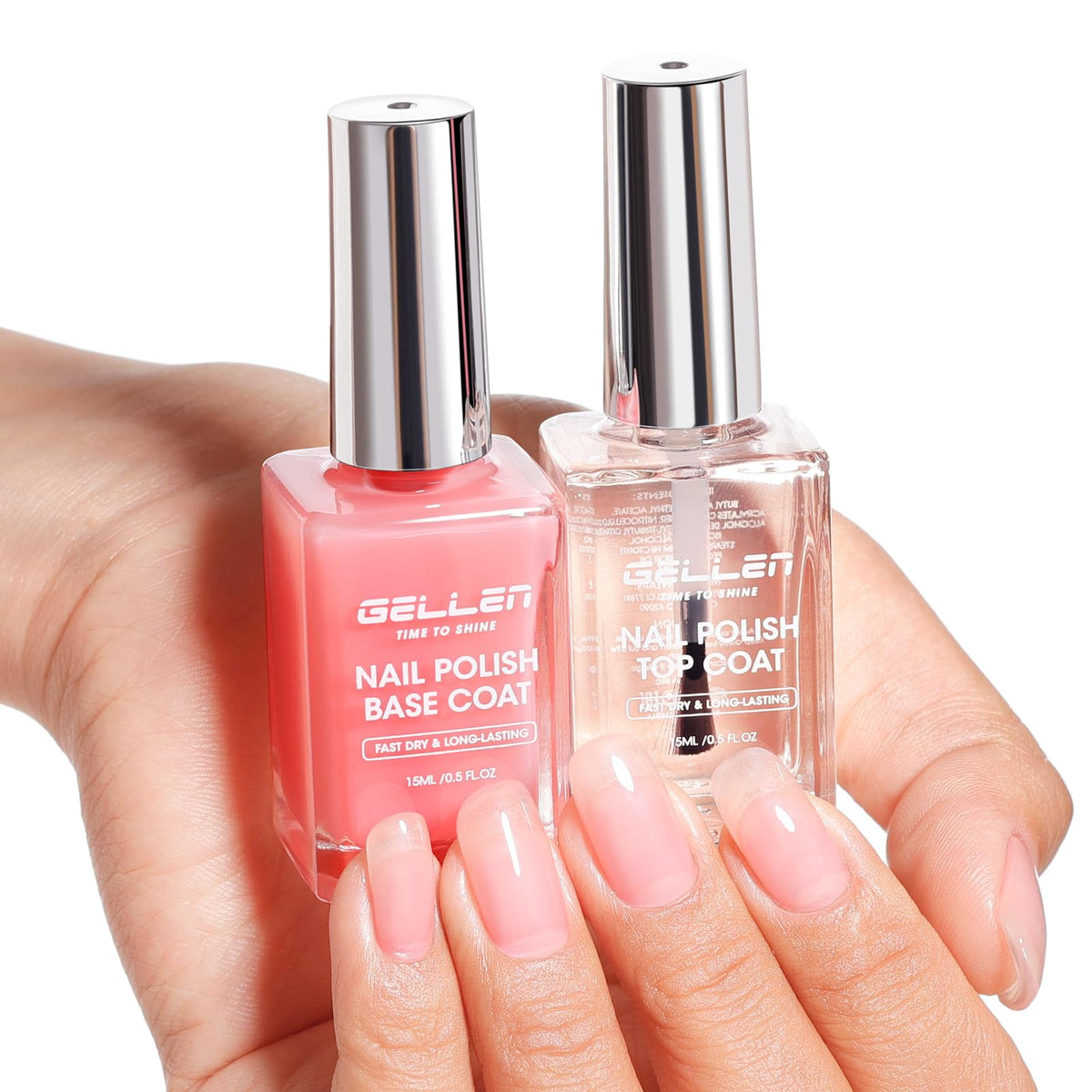 GELLEN front packaging showing clear pink base and no-wipe top coat with neat label benefit