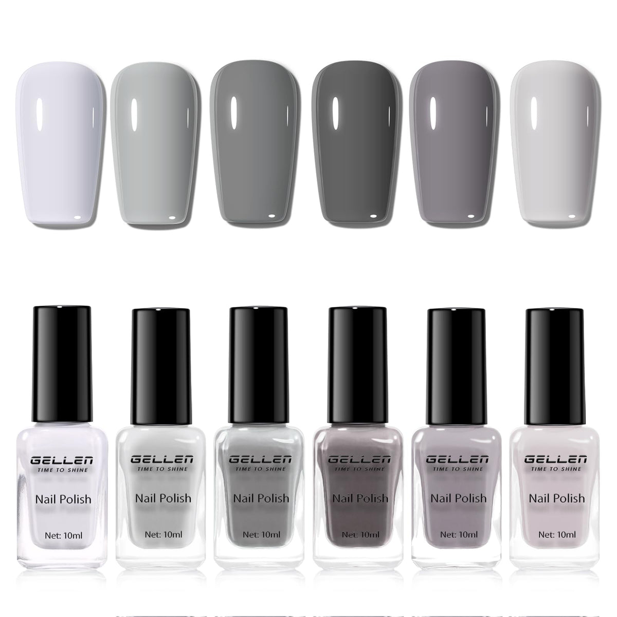 GELLEN front packaging showing six gray bottles and quick-dry benefit