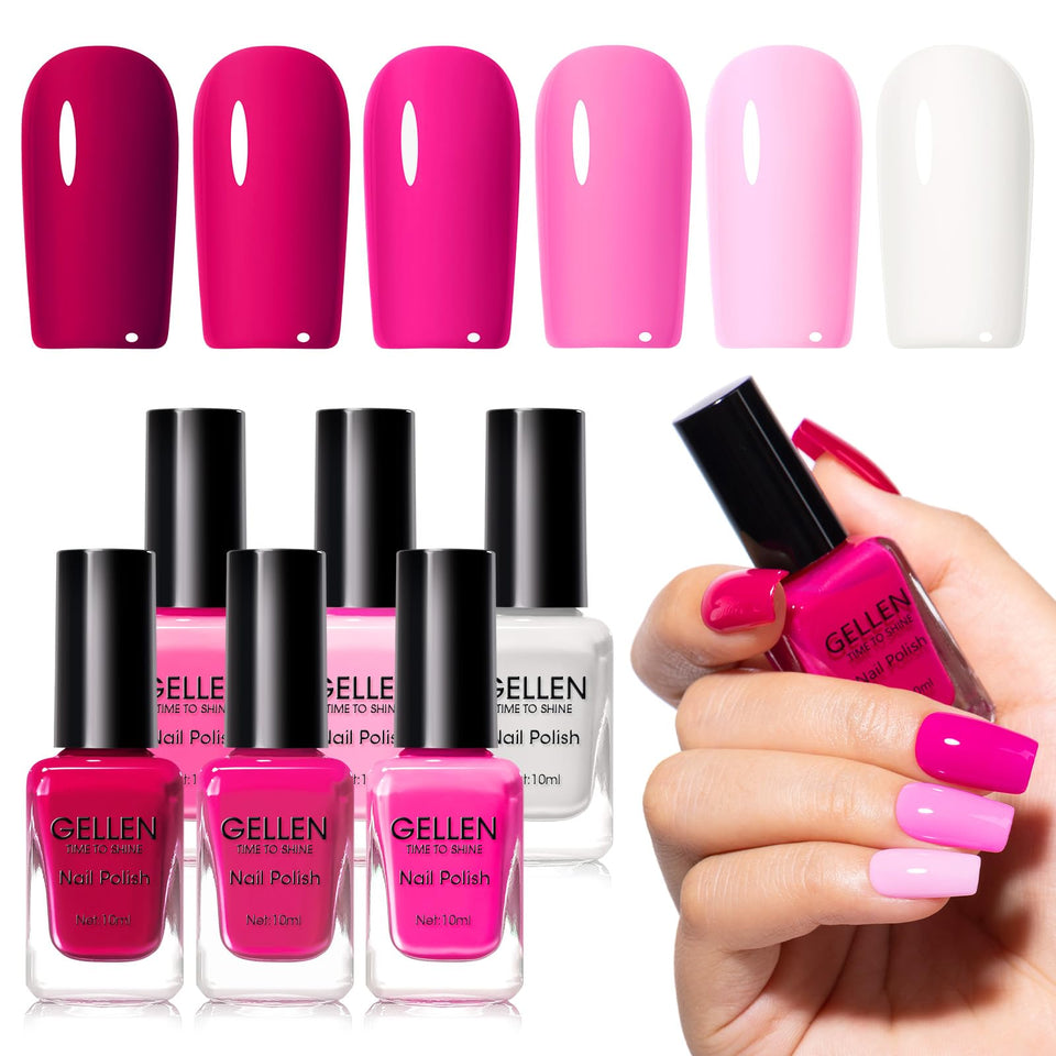 GELLEN front packaging showing six hot pink bottles, vibrant selection benefit