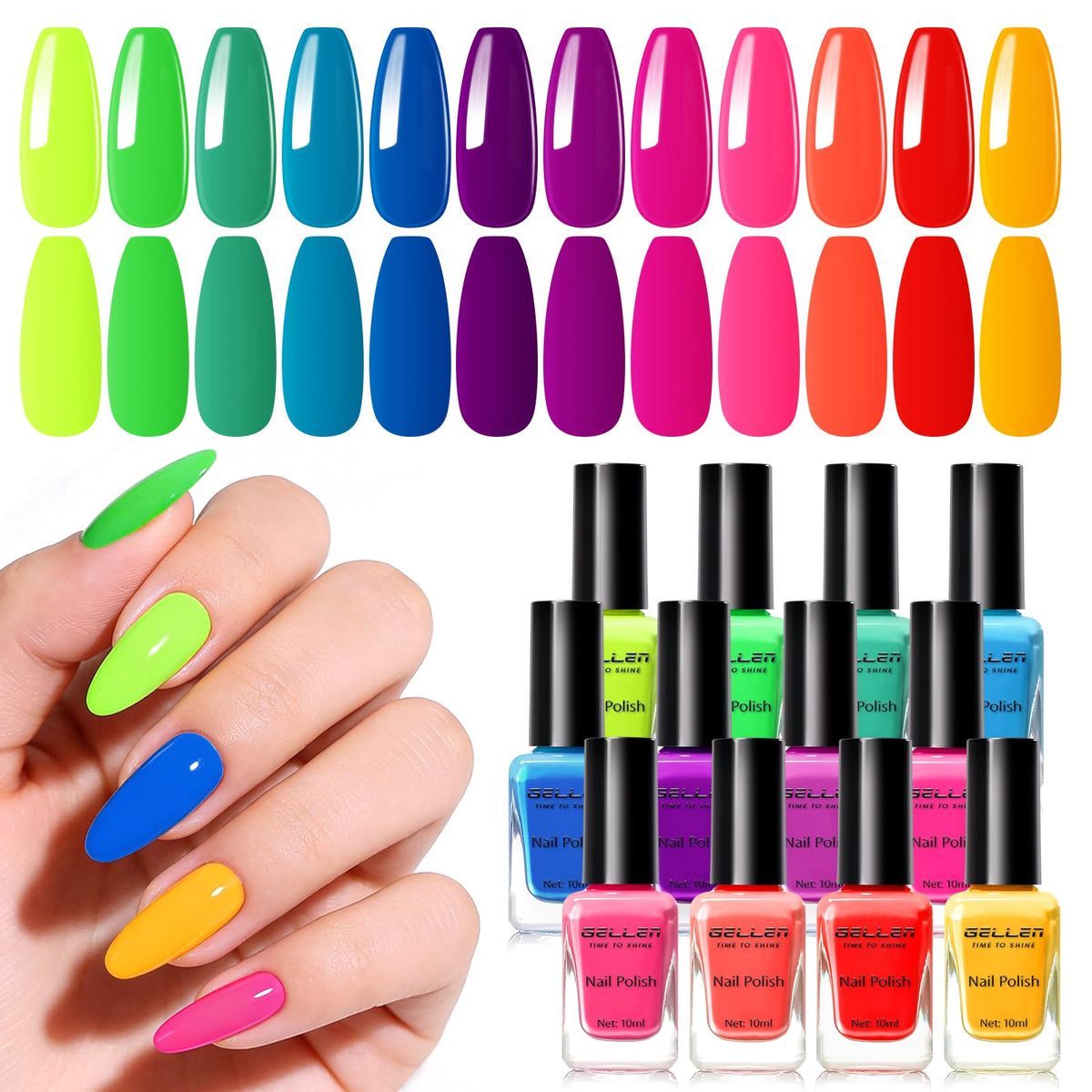 GELLEN front packaging showing 12 neon bottles and gift-ready box benefit: great present