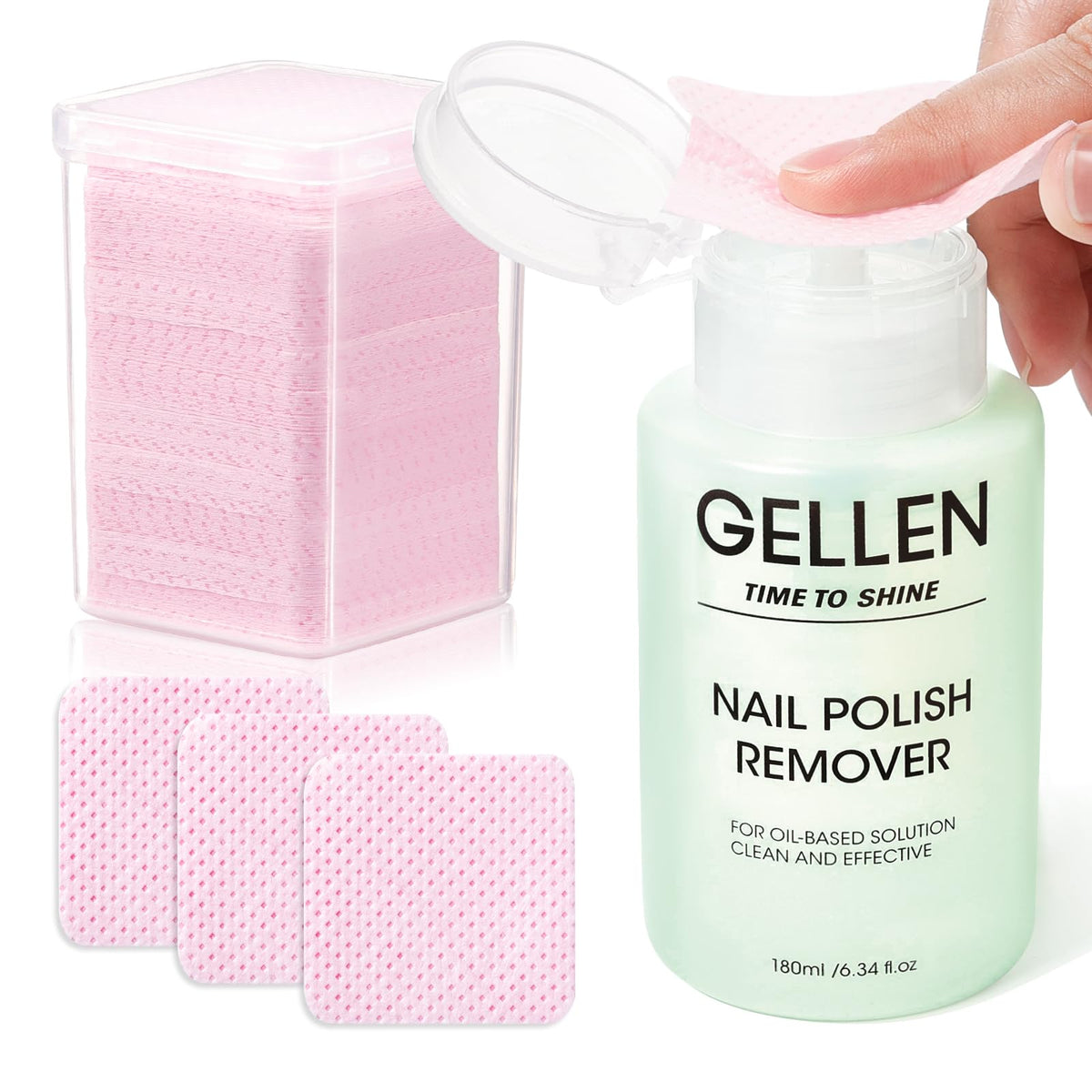 GELLEN pump bottle front view showing compact remover kit benefit