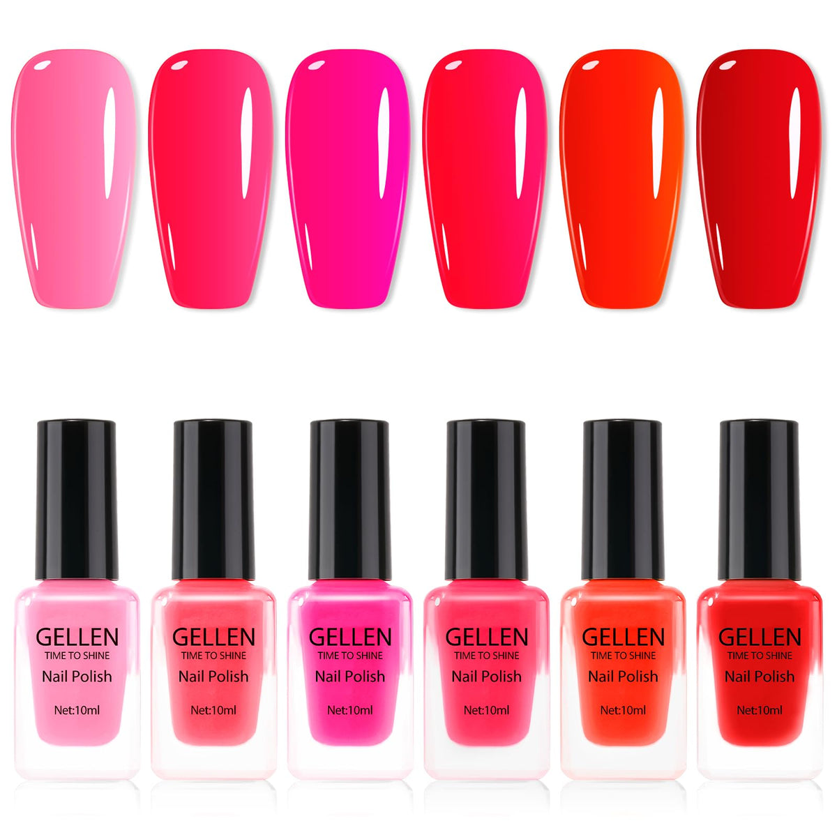 GELLEN front packaging showing six red and pink bottles and bold colors