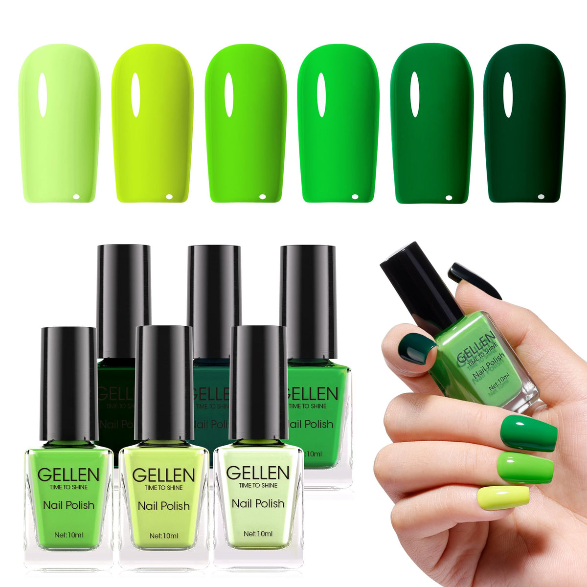 GELLEN front view of six green polish bottles showing variety and quick-dry benefits