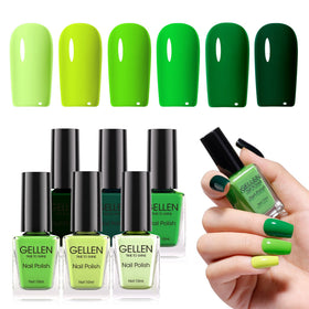 GELLEN front view of six green polish bottles showing variety and quick-dry benefits