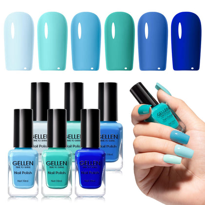 GELLEN front packaging showing six teal and blue polishes and set benefit